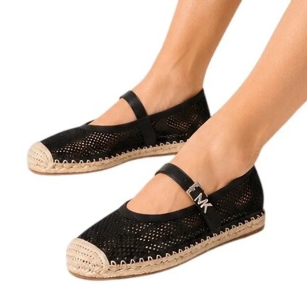 Michael Kors Black Mesh‎ Mary Jane Espadrille Flats MK Logo 10 Resortwear 106-09